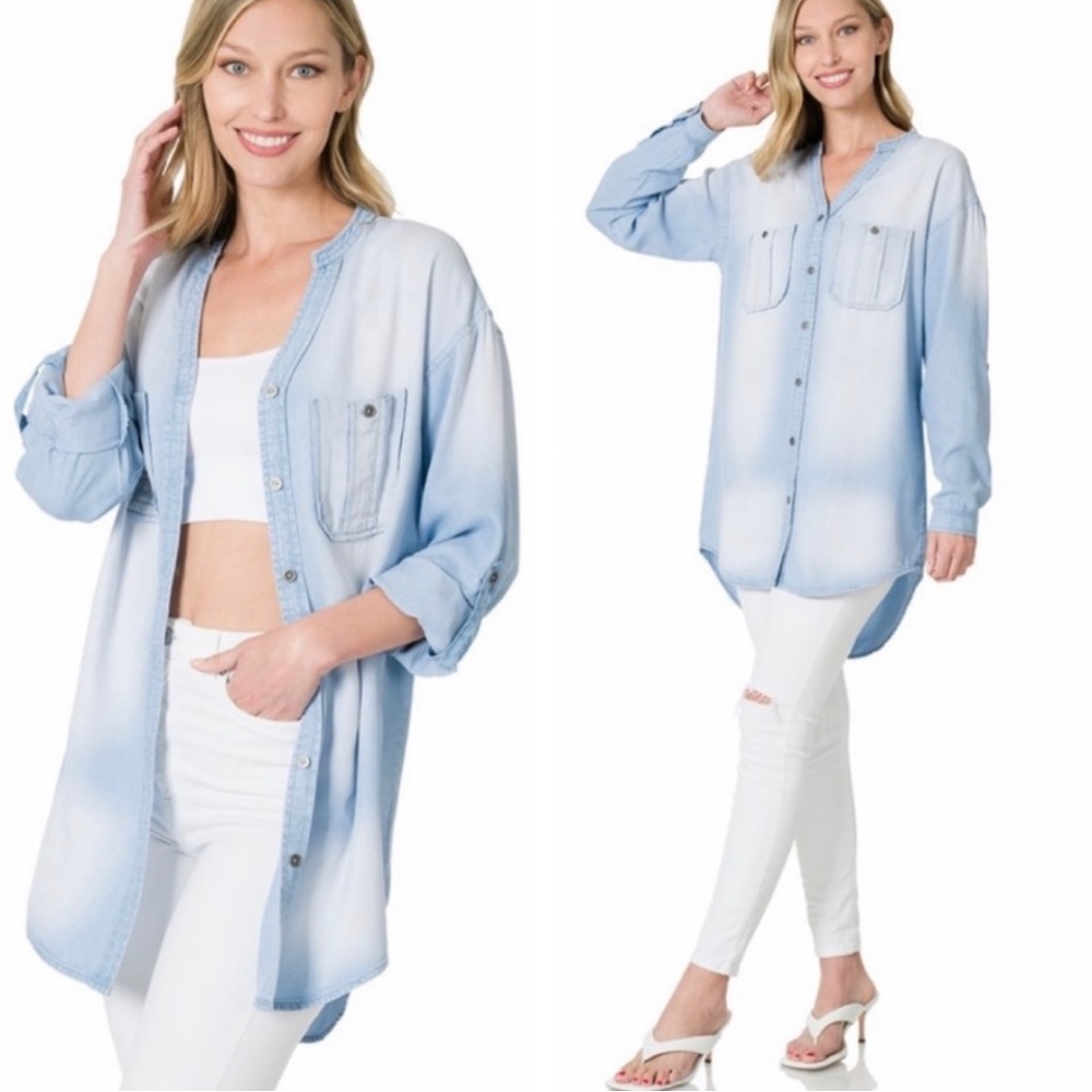 Light Blue Women's Button-Down Tunic Shirt by